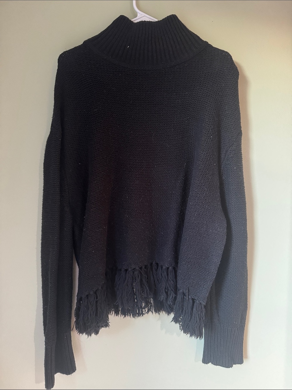 New Balance Oversized Black Fringe Hem Turtleneck Sweater